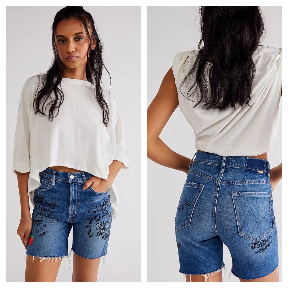 Mother High Waisted Smoking Short Fray Strawberry Denim Shorts Size 24